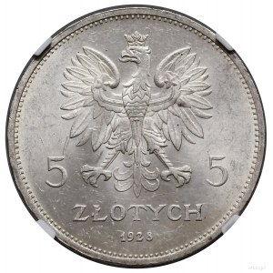 5 złotych, 1928, Bruksela; odmiana bez znaku mennicy za...