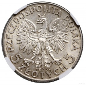 5 złotych, 1934, Warszawa; Głowa kobiety w czepcu; Kop....