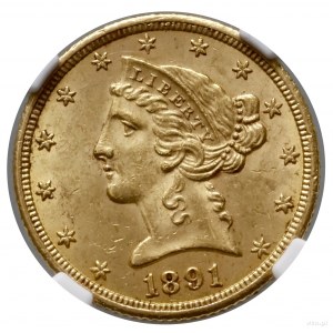 5 dolarów, 1891 CC, Carson City; typ Liberty Head, with...