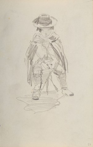 Stanisław Batowski Kaczor (1866 Lwów – 1946 tamże), Siedzący na stołku chłopiec okryty peleryną z kapeluszem na głowie