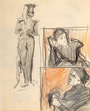 Stanisław Kamocki (1875 Warszawa - 1944 Zakopane), Stojący ułan i szkice popiersia kobiety, 1894 (?)