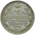 Rosja, Aleksander II, 15 kopiejek 1861, Petersburg, bez liter mincerza