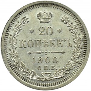 Rosja, Mikołaj II, 20 kopiejek 1908 EB, Petersburg, UNC-