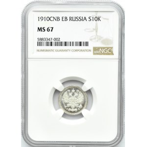 Rosja, Mikołaj II, 10 kopiejek 1910 EB, Petersburg, NGC MS67 MAX NOTA