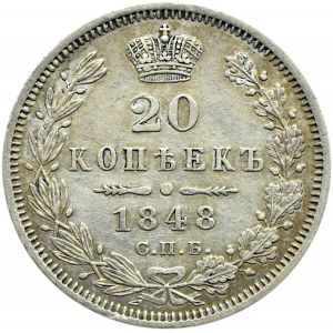 Rosja, Mikołaj I, 20 kopiejek 1848 HI, Petersburg, piękne