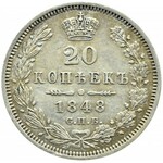 Rosja, Mikołaj I, 20 kopiejek 1848 HI, Petersburg, piękne
