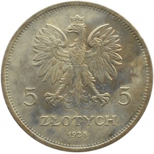 Polska, II RP, 5 złotych 1928 Nike, Warszawa, odmiana ze znakiem mennicy, piękna!