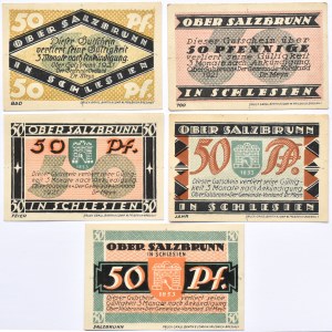 Salzbrunn, Szczawno-Zdrój, lot 5 notgeldów 50 pfennig 1921, każdy inny