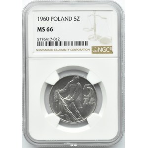 Polska, PRL, Rybak, 5 złotych 1960, Warszawa, rewelacyjny egzemplarz, NGC MS66