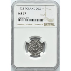 Polska, II RP, 20 groszy 1923, NGC MS67, okazowy egzemplarz