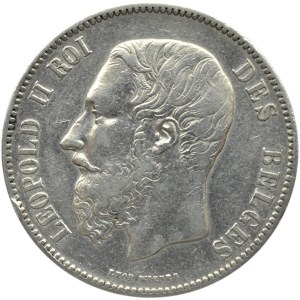 Belgia, Leopold II (1865-1909), 5 franków 1873, Bruksela