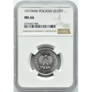 Polska, PRL, 1 złoty 1977 ze znakiem mennicy, NGC MS66