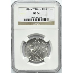 Polska, PRL, Rybak, 5 złotych 1974, Warszawa, płaska data, NGC MS64