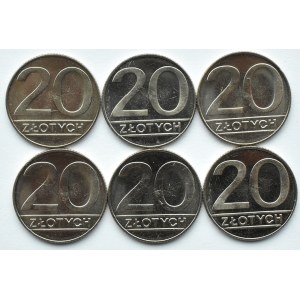 Polska, III RP, 20 złotych 1990, 6 szt z rolki bankowej, UNC