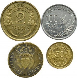 Francja, lot monet frankowych i żeton Ludwika XVIII-ego