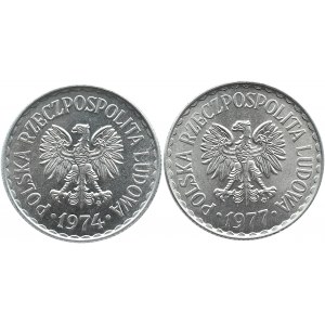Polska, PRL, lot dwóch sztuk 1 złoty 1974, 1977, Warszawa, UNC