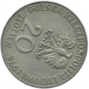 Polska, PRL, 20 złotych 1974, XXX lat RWPG, destrukt - przesunięcie o 110 stopni