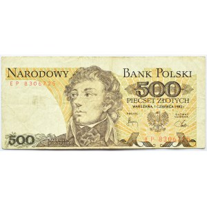 Polska, PRL, 500 złotych 1982, seria EP, obustronnie przesunięty druk