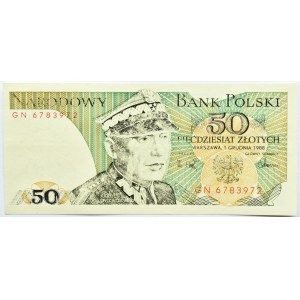 Polska, PRL, 50 złotych 1988, seria GN, częściowo widoczny nadruk główny
