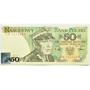 Polska, PRL, 50 złotych 1988, seria GW, przebarwienia farby na marginesie