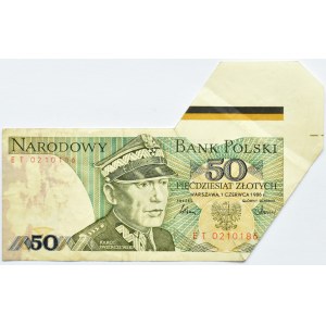 Polska, PRL, 50 złotych 1986, seria ET, źle wycięty banknot, z marginesem