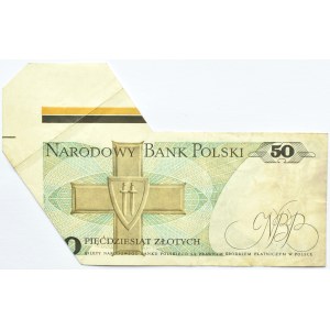 Polska, PRL, 50 złotych 1986, seria ET, źle wycięty banknot, z marginesem