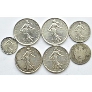Francja, lot 7 srebrnych monet 1867-1964