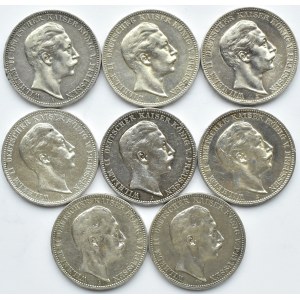 Niemcy, Prusy, Wilhelm II, lot ośmiu monet 3 marki 1908-1912 A, Berlin