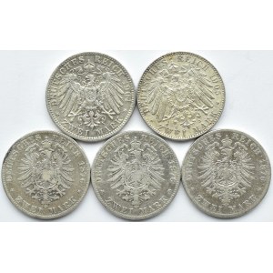 Niemcy, Bawaria/Saksonia, lot pięciu sztuk 2 marki 1876-1914 D,E, Monachium, Muldenhutten