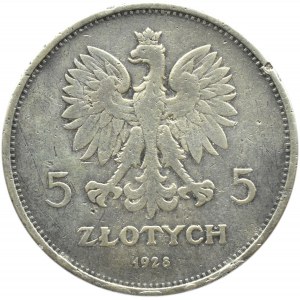 Polska, II RP, 5 złotych 1928 Nike, Warszawa, odmiana ze znakiem mennicy