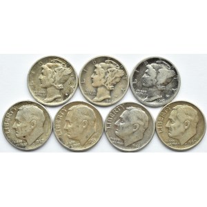 USA, lot 10 centów 1916-1960, 7 sztuk