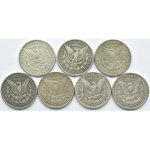 USA, Morgana, lot 1 dolar 1889-1921, różne mennice, 7 sztuk