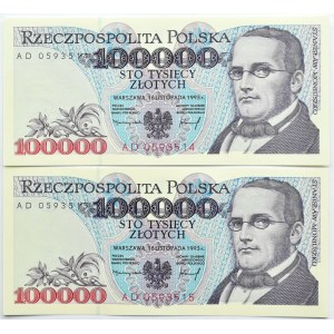 Polen, III RP, 2 X 100 000 Zloty 1993, Serie AD, UNC, fortlaufende Nummern