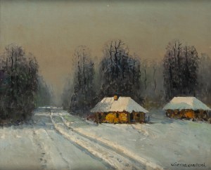 Wiktor Korecki (1890 Kamieniec Podolski - 1980 Milanówek k. Warszawy), Pejzaż zimowy z chatami