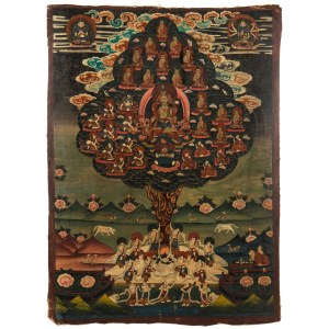 Tanka z Padmapani w koronie drzewa w otoczeniu wizerunków Buddy, Nepal, pocz. XX w.
