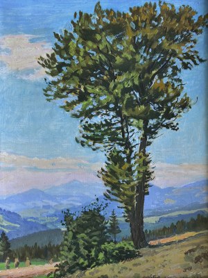 Jan Wałach (1884-1979), Pejzaż beskidzki z drzewem, 1957