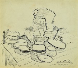 Kazimierz Podsadecki (1904 - 1970), Martwa natura z naczyniami kuchennymi i maszynką do mielenia mięsa, 1939
