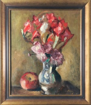 Manuel Ortiz de ZARATE (1886-1946), Martwa natura z kwiatami w wazonie i jabłkiem, 1946