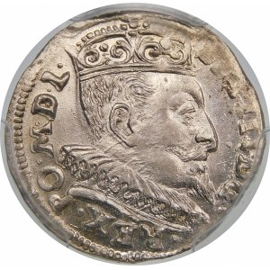 Zygmunt III Waza, Trojak 1595, Wilno – pełna data rozdzielona herbem Chalecki – kropki