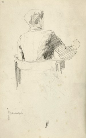 Stanisław Kaczor Batowski (1866-1946), Mężczyzna siedzący w fotelu oraz szkice głów - Stanisław Janowski przy pracy