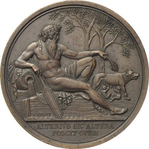 Výroční medaile na rok 1896, jednostranný odražek. Sedící říční bůh, římská vlčice, nápis. Sign. Voigt. Bronz 44...