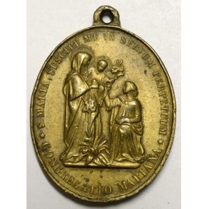 Sv. Alois. Modlící se světec s andílky, opis / P. Marie s dítětem před klečící ženou, opis. Mosaz ovál 47,7 x 35 mm...