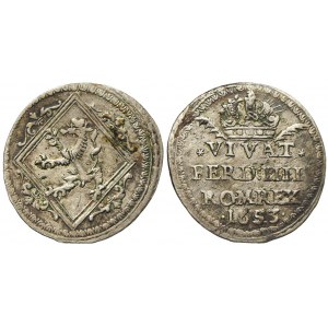 Ferdinand IV.  Žeton ke korunovaci na římského krále v Řezně 18.6.1653. Pod korunou 4-řádkový nápis ...