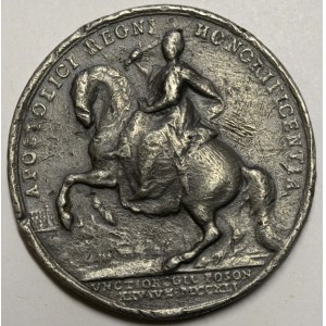 Medaile ke korunovaci na uherskou královnu v Bratislavě 25.6.1741. Portrét, opis / královna na koni s mečem nad hlavou...