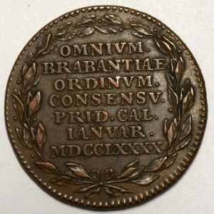 Žeton na nezávislost Brabantska 1790. 7-řádkový nápis ve věnci / 7-řádkový nápis ve věnci. Měď (12,49 g) 34 mm. LG-XIV...