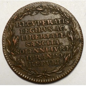 Žeton na nezávislost Brabantska 1790. 7-řádkový nápis ve věnci / 7-řádkový nápis ve věnci. Měď (12,49 g) 34 mm. LG-XIV...