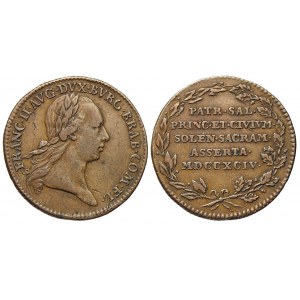 Malý žeton na holdování v Belgii (Bruselu) 1794. Portrét, opis / ve věnci nápis. Bronz (3,86 g) 22 mm. Novák-V/XVII...