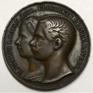 František Josef I.  Svatební med. s Alžbětou Bavorskou 1854. Dvouportrét, opis / dva znaky pod jednou korunou...