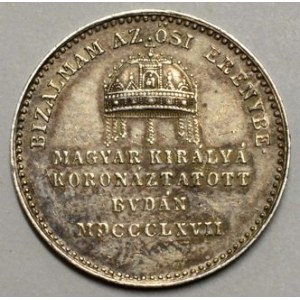 Menší peníz ke korunovaci na uherského krále v Budapešti 5.6.1867. Hlava zprava, opis/ uherská koruna, pod ní 4...