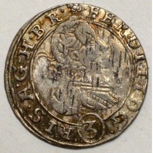 3 krejcar 1628 Olomouc - Fritsch. MKČ-927.  n. porézní střížek